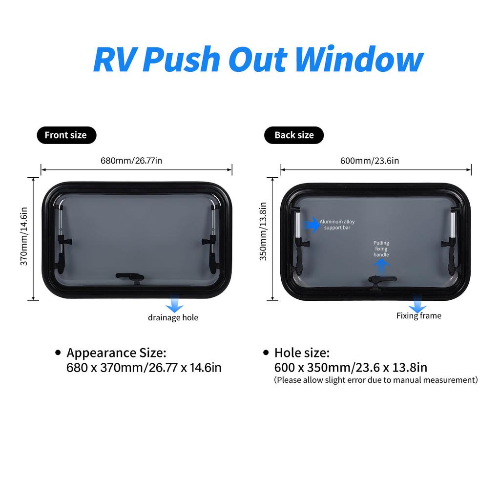 Okno do kampera z wypychaniem, zaokrąglony narożnik, odporne na UV, dwuwarstwowe, izolowane, pręt ze stopu aluminium z siatką, osłona przeciwsłoneczna