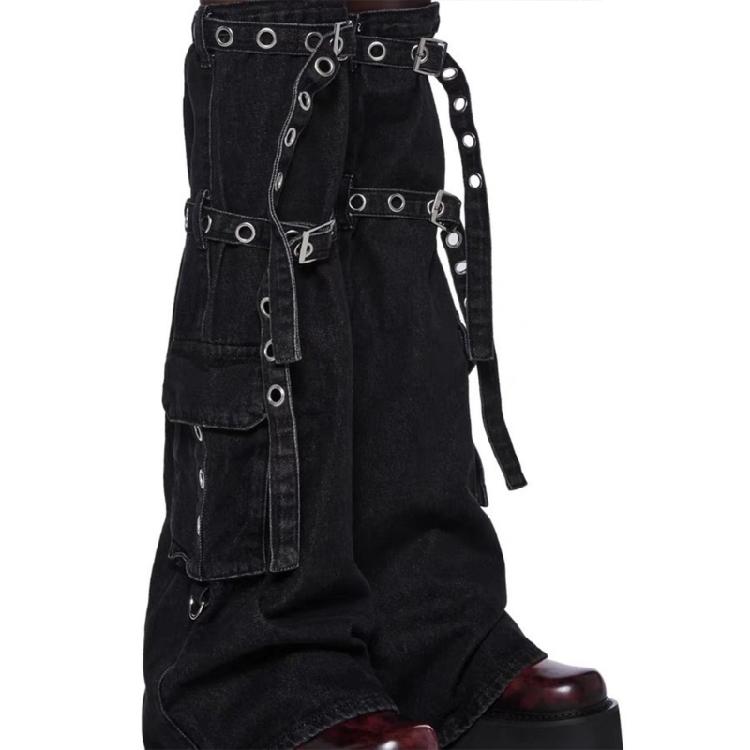 Punk Leg Warmer with Buckled Pockets Harajuku Denims Knee Highs Flared Stockings