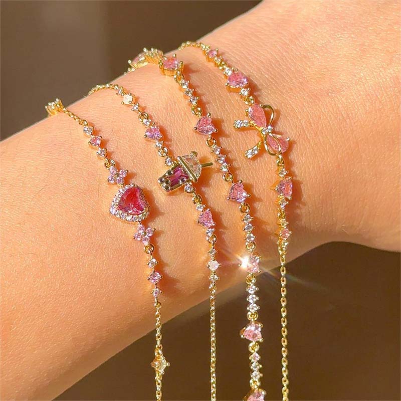 Y2K Pink Zircon Bowknot Love Heart Chain Bracelets For Women Exquisite Shiny Crystal Adjustable Bracelets Birthday Jewelry Gift