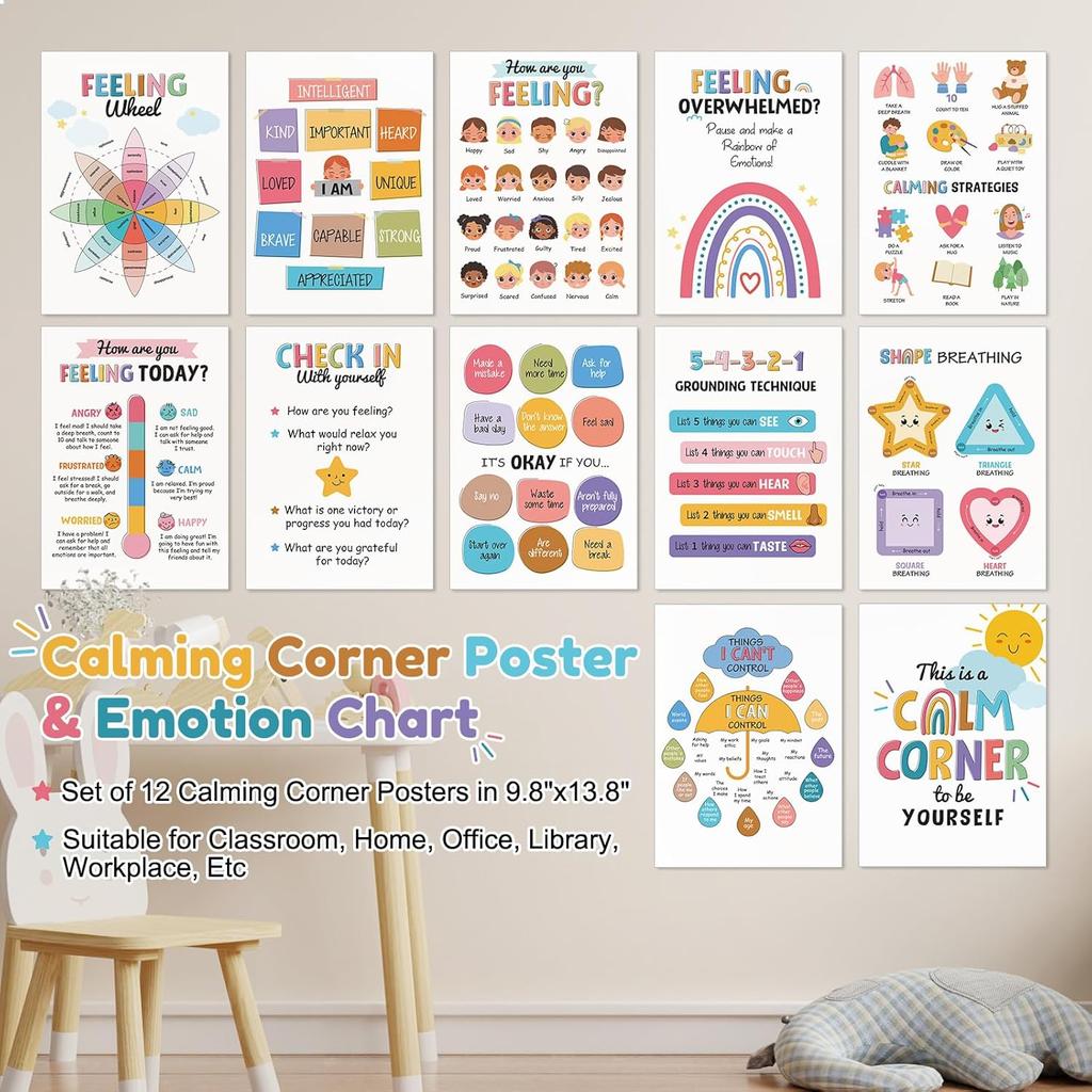 Pasimy 12 Pcs Calming Corner Classroom Posters Boho Feelings Wheel Charts Emotions Poster for Kids Calm Corner Mental Health Wall Decorations for