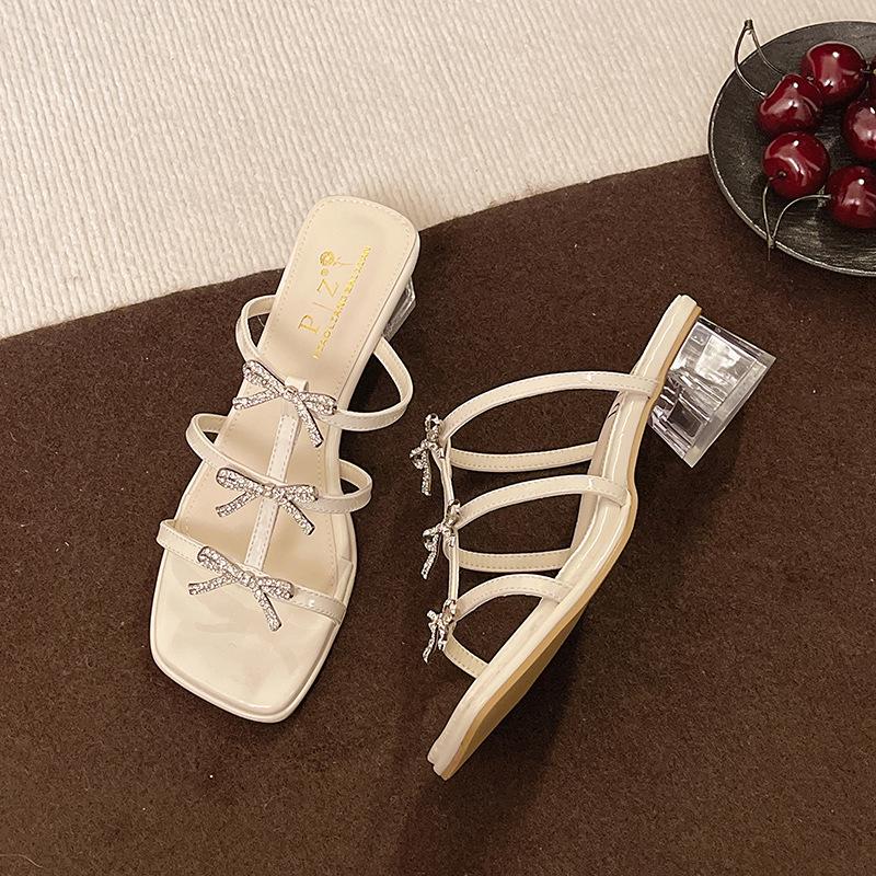 French 2025 New Spring and Summer Square Head Transparent Crystal Thick Heel Silver Bow Sandals Women with Skirt Women