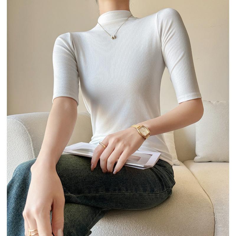 Primavera e Autunno Modal Dolcevita a Mezza Manica a Tre Quarti Spalla Destra T-shirt Taglia Grande da Donna Stile Coreano Design Top Camicia da Sovrapposizione Interna