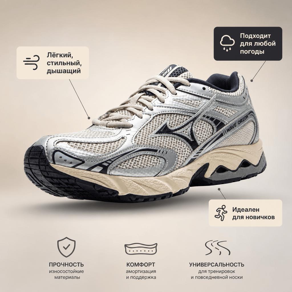 Mizuno Wave Orion Fashion Fabric Synthetic Leather Durable Support Lightweight Low Top Running Shoes Unisex Sneaker Light-Gray D1GH232110