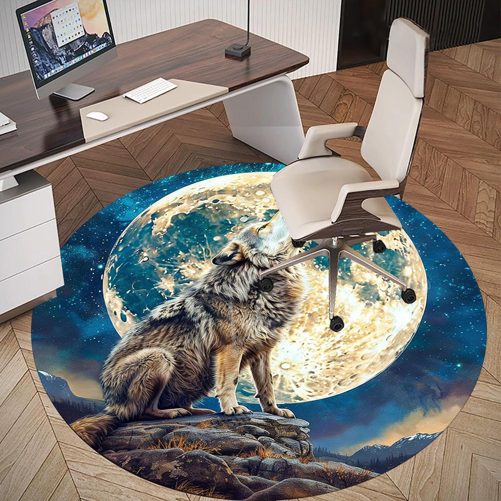 1PC wolf howling moon Office Round Area Rug, Under Office Chairs Bedroom Living Room Home Decor, Carpet for Office -1110016