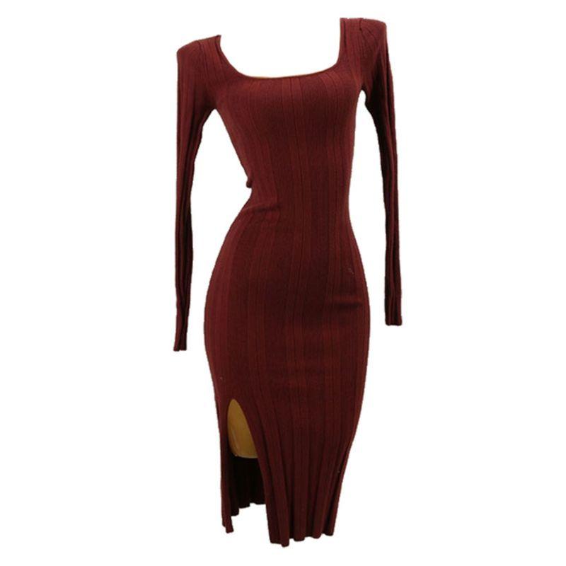 Foreign Trade Original Order Square Collar Slim Fit Long Sleeve Hip Skirt Rib Slimming High Split Sexy Knitted Dress