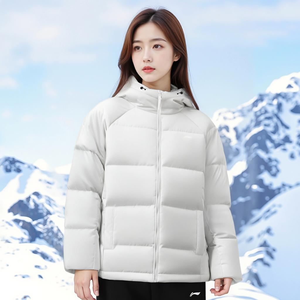 Li Ning Down Jackets Women's Champagne White Hooded Moderate AYMV798-1
