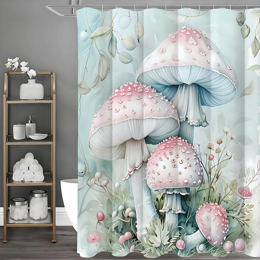 Enchanted Mushroom Shower Curtain for a Magical Bathroom, Featuring Pastel Pink and Blue Mushrooms with Delicate Leaves