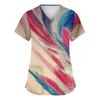 Women's Print V-Neck Short Sleeve Scrub Top with Double Pockets and Side Slits - Comfortable Caregiver Uniform for Daily Work