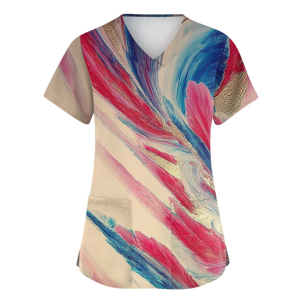 Women's Print V-Neck Short Sleeve Scrub Top with Double Pockets and Side Slits - Comfortable Caregiver Uniform for Daily Work