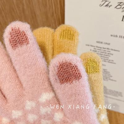 Winter Touchscreen Warme Handschuhe für Damen, Koreanische Version, Kältefestes Radfahren, Niedliche Plüschgestrickte Verdickte Ins Woll Trendy