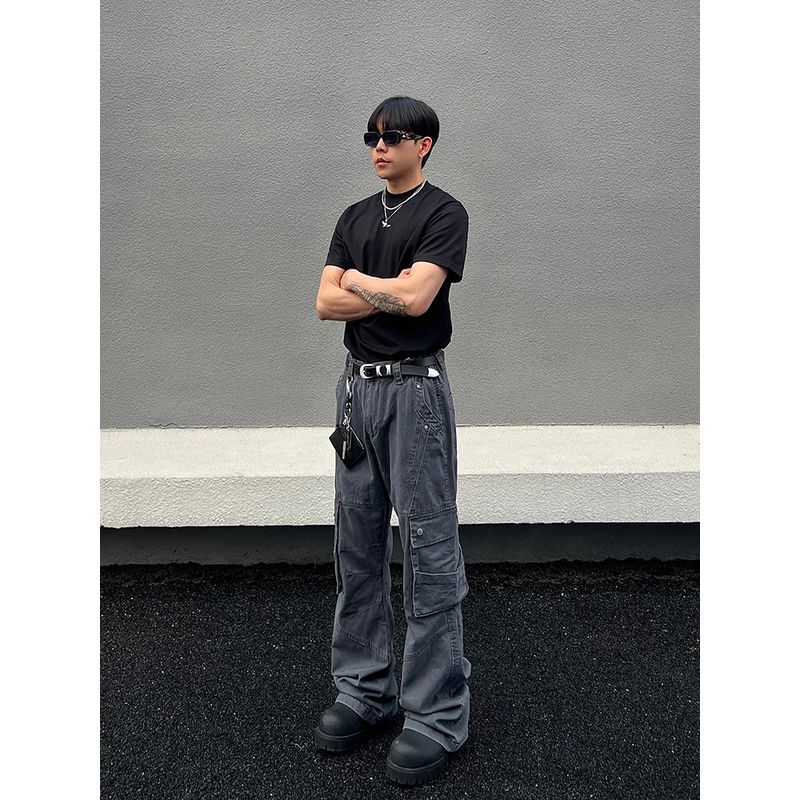 Blaexit American-Style Deconstructed Gray Flared Cargo Pants with Multi-Pocket Design, Straight-Leg Cleanfit Pants, Trendy