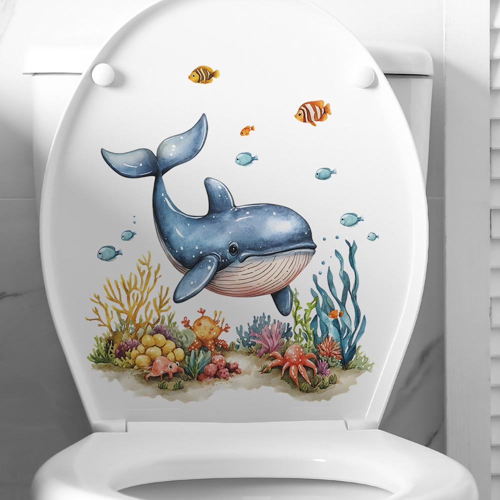 Autocollants de décoration pour salle de bain, toilettes, dessin animé, baleine, algues, monde sous-marin
