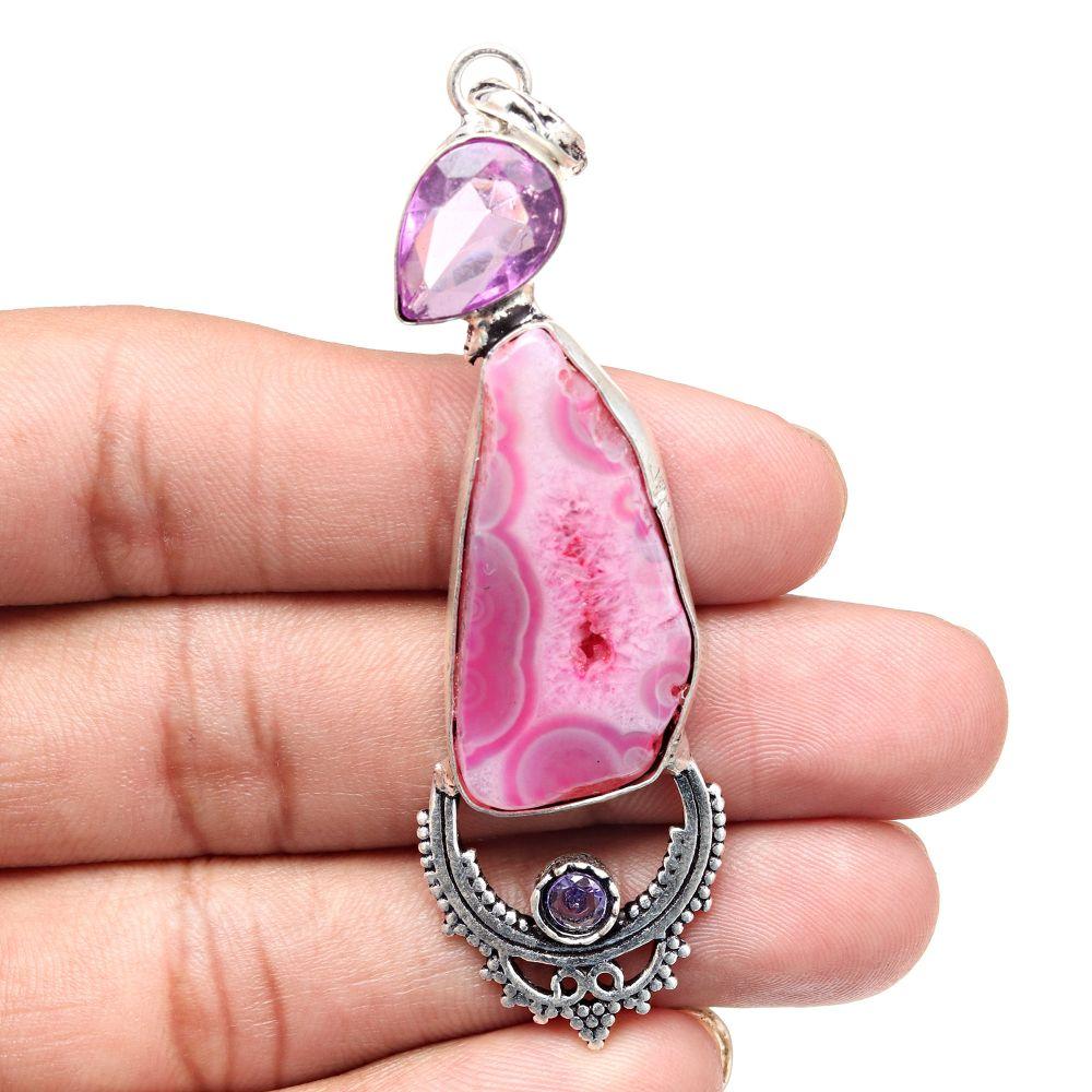 Pendant Pink Slice Drusy Gemstone Handmade Silver Jewelry 3.25"