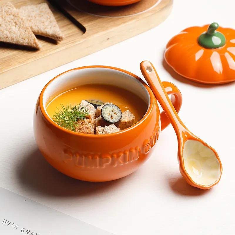 Cartoon Cute Ceramic Pumpkin Cup with Lid Breakfast Cup Dessert Soup Cup Oatmeal Cup Student Water Cup Mug