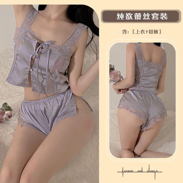 

Pure desire style lingerie sexy square neck lace-up ice silk pajamas summer thin sexy split suspender pajamas women One size fits all світло-фіолетового кольору
