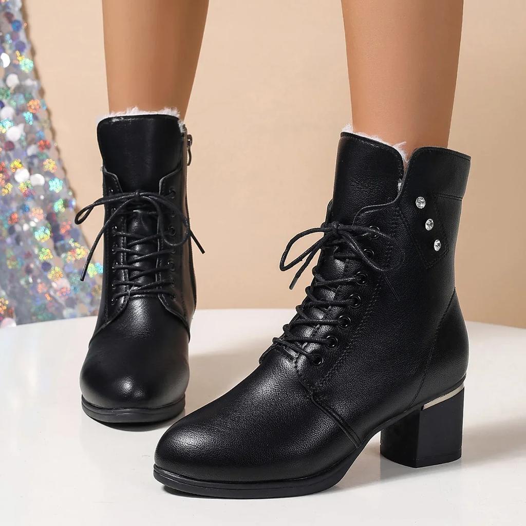 Fashion Winter 2024 Women's High Heels Long Plush Warm Ankle Boots Plus Size 42 Thick Square Heeled Motorcycle Boots Woman Shoes Short