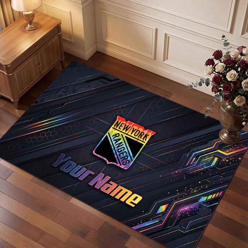 New York Rangers Personalisierter Kristall-Samtteppich, Benutzerdefinierter Name Text Weicher Anti-Rutsch-Teppich für Wohnzimmer Schlafzimmer