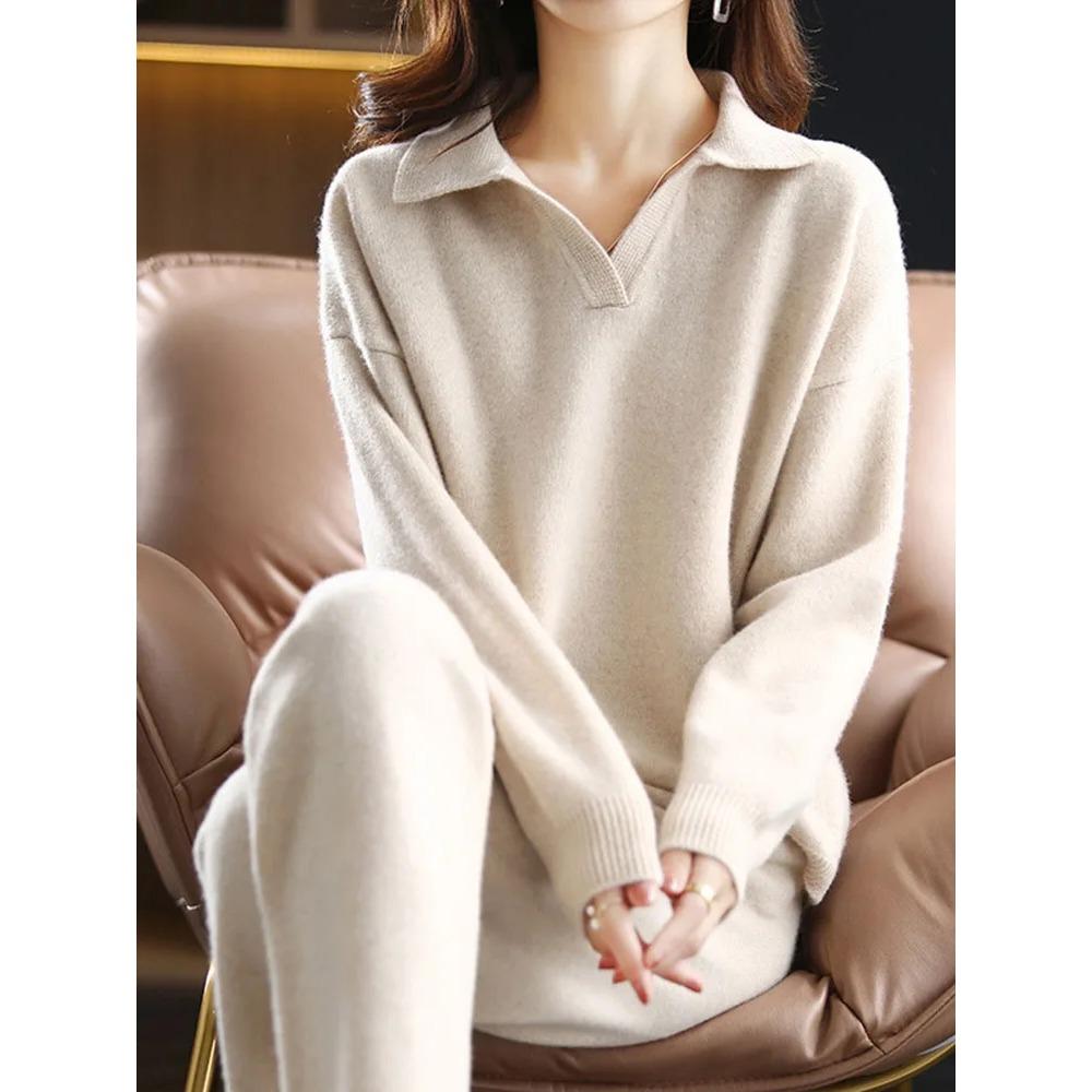 Seturi de 2 piese tricotate libere, pentru femei, cu guler polo coreean, pulover, pantaloni harem cu talie înaltă, până la gleznă