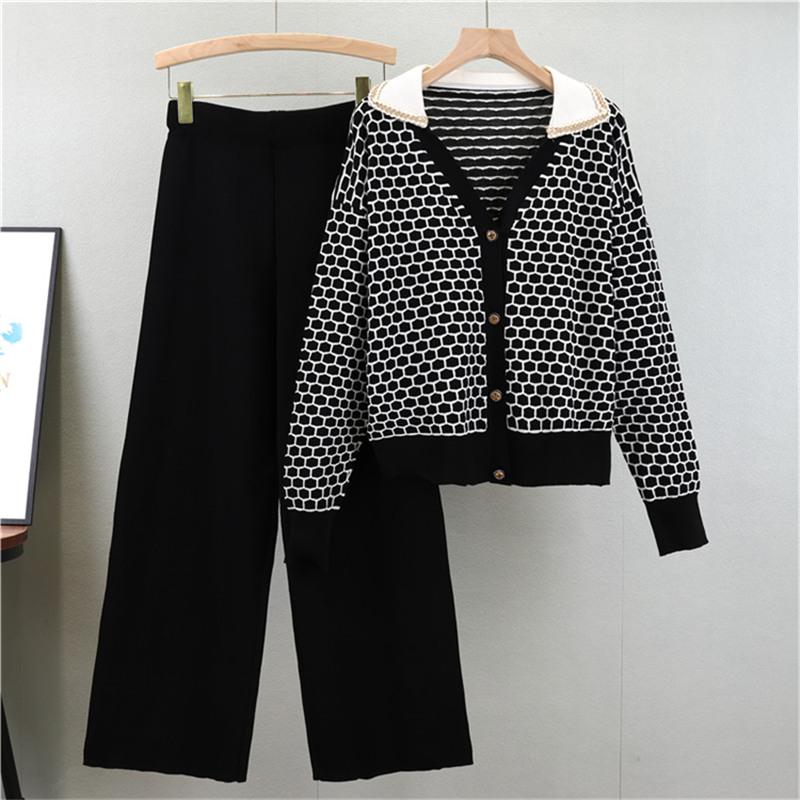 

Осенне-зимний клетчатый трикотажный кардиган с V-образным вырезом, женский костюм-двойка с широкими брюками One Size чёрный