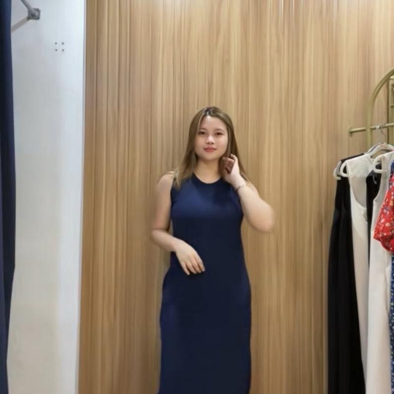 

2025 Summer Fashion Casual Thread Large Stretch Sleeveless Side Slit Dress Silm Slim Looking Double Pocket Dress Pink L