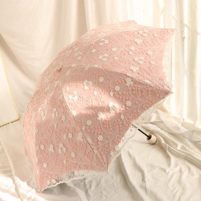 Double Layered Mini Five Fold Umbrella Embroidered with Flowers Black Glue Sun Protection UV Protection Rain Sunny Dual-purpose Sun Umbrella