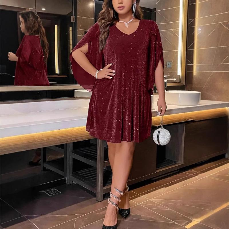 Spring/Summer Plus Size Women s V-neck Slit Sleeve Elegant Formal Dress 2XL