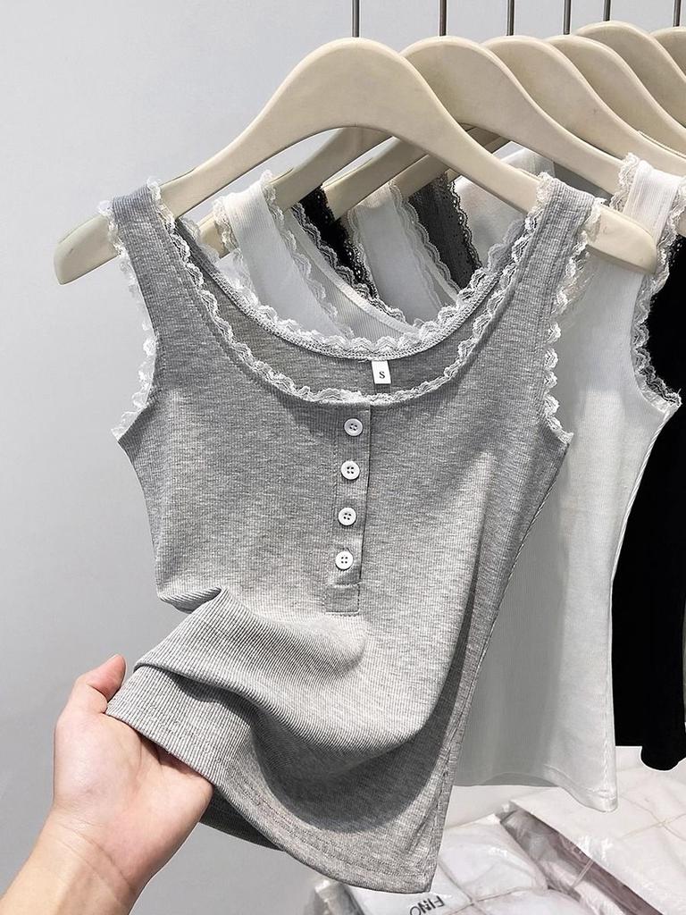 Koronkowe wykończenie, gładki prążkowany top na ramiączkach dla kobiet, wiosenny, zapinany na guziki, dekolt U, bez rękawów, dopasowany, prosty bawełniany podstawowy podkoszulek, słodkie topy Y2k