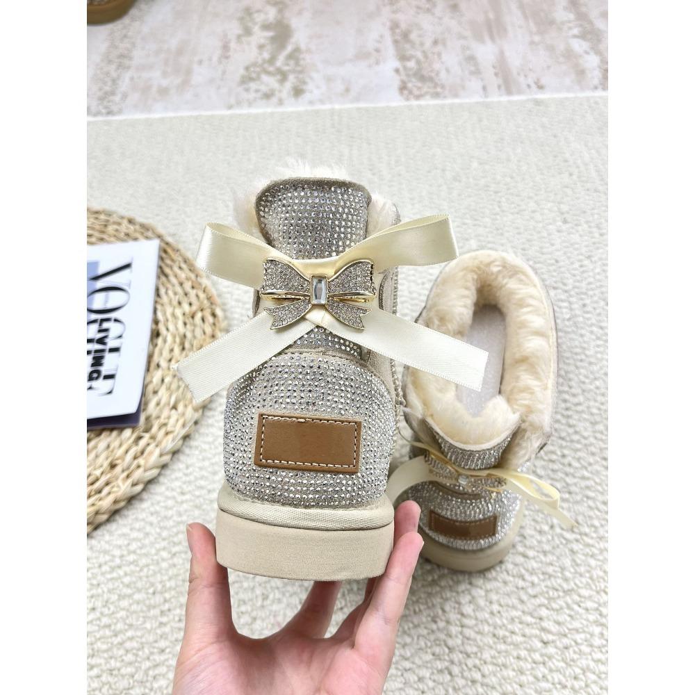 Hot Diamond Low Top Winter Snow Boots Flash Diamond Leather Women's Shoes Flat Large Size Cotton Shoes Full Diamond