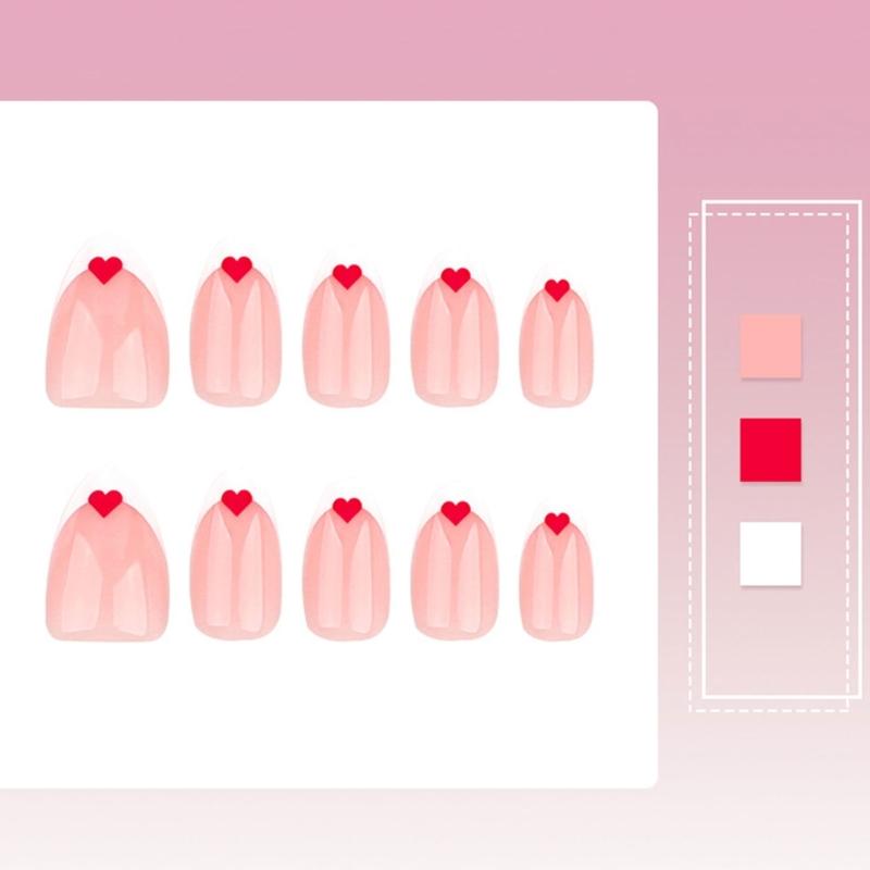Valentinstag Press-on-Nägel Kurz Mandel Falsche Nägel Weiße French Tips Mit Herz-Designs Nagelzubehör Für Frauen