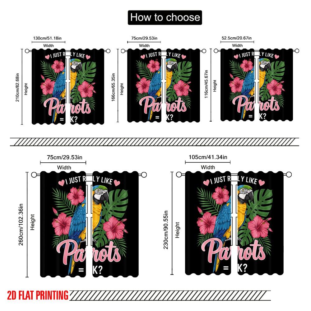 2pcs 2D Flat Printing Window Curtains Parrot Hibiscus Tropical Flower Polyester Without Electricity Festive Holiday Perfect for