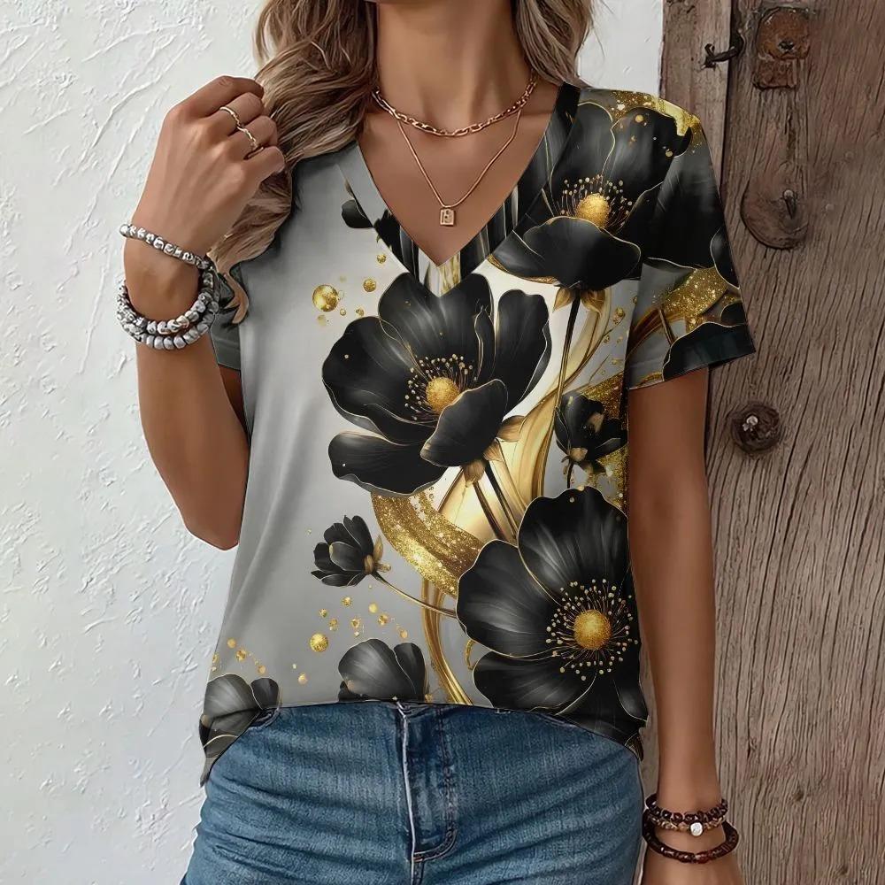 Creative Flower Colorful Pattern Summer Soft Fashionable Comfortable Women's T-Shirts Casual Breathable Loose V-Neck Short-Sleeve T-Shirt
