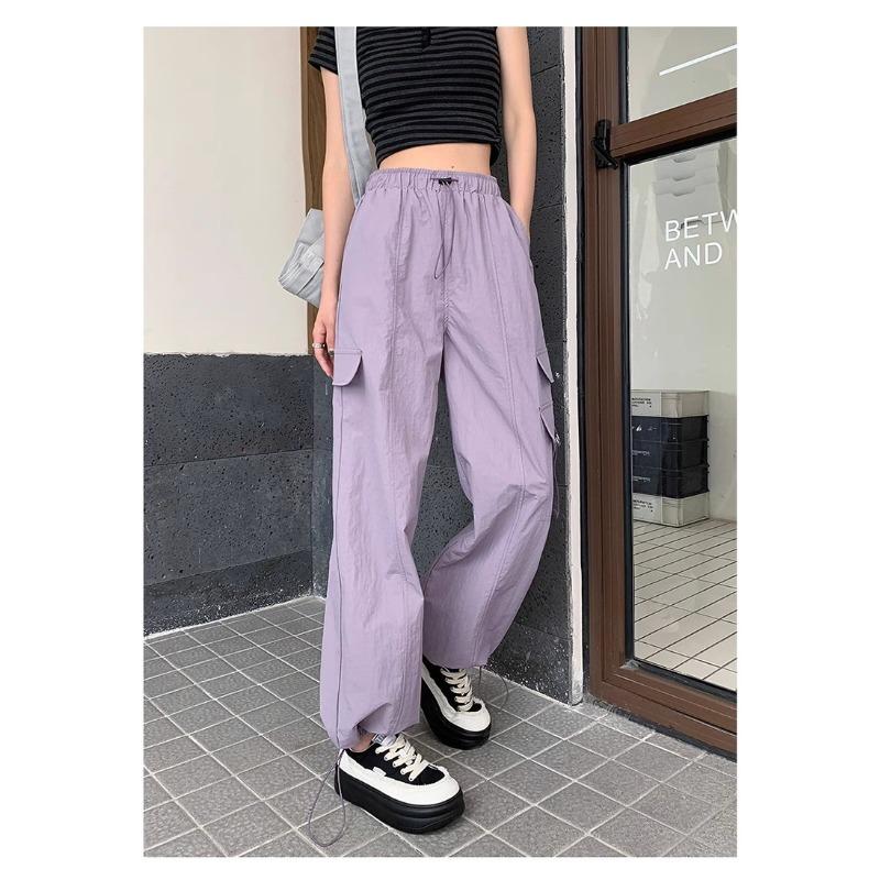 New Summer American Overalls for Women's High Waist Drawstring Trousers Showing A Slid-down Sport Wide-leg Trousers