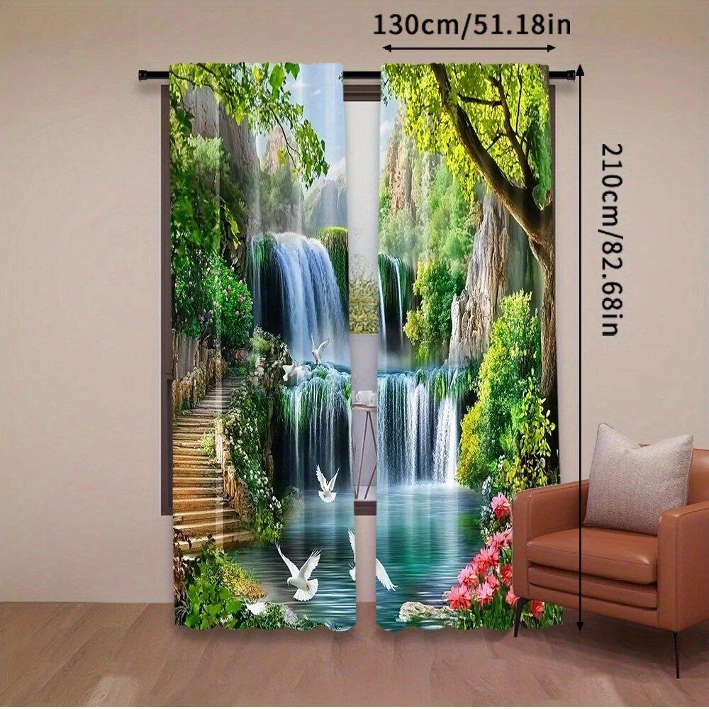 2 pieces of forest Waterfall landscape printed curtains,30*65 inches, home decoration, room decoration