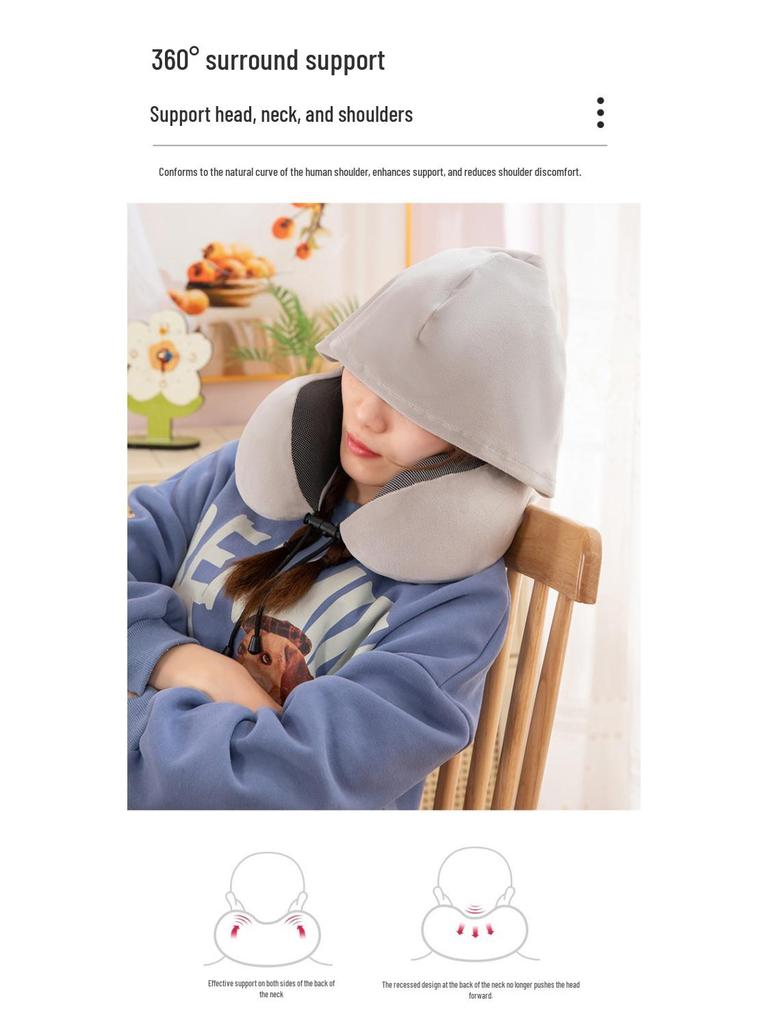 Memory Foam U-Shaped Neck Pillow with Hood - Portable Travel Pillow for Airplane and Outdoor Use