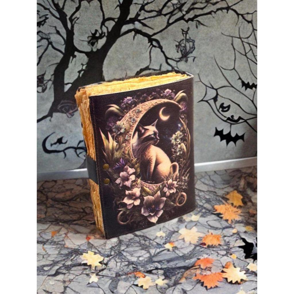 Handmade Magic Cat Leather Journal: Deckle Paper Blank Spell Book Celestial Leather Journal Book of Shadows Witchcraft Gift Witches Journal