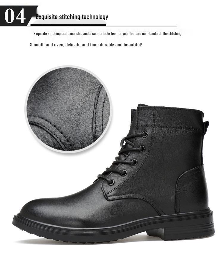 Men's Black Leather High-Top Martin Boots, Large Size, Warm Cotton Lining for Outdoor Work In Autumn and Winter