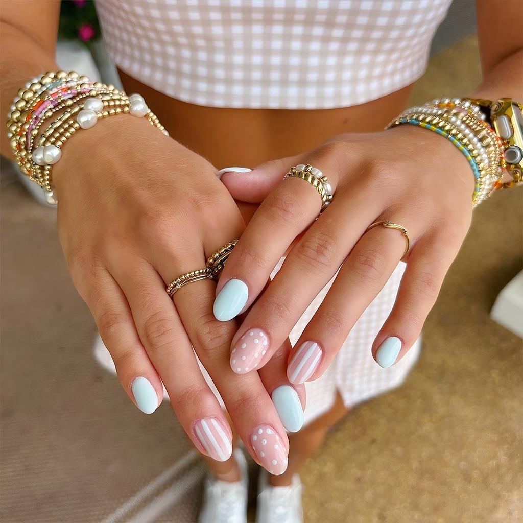 Blue Brown Polka Dot Cute Bow French Nail Art Summer Stylish Short False Nails Detachable Finished Fake Nails Press on Nails