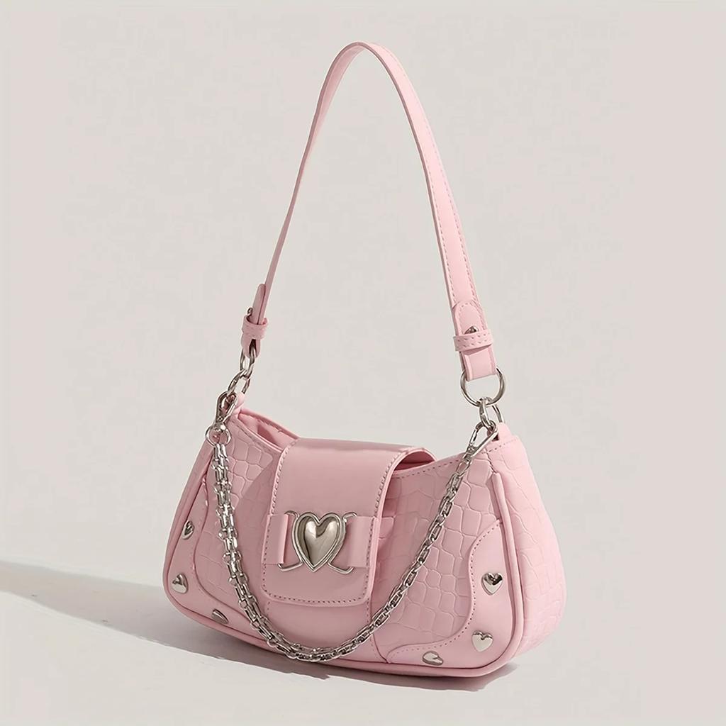 Fashiable Y2K Hot Girl Handbag, Motorcycle Style Solid Color Women's Bag, Commuting Heart Chain Shoulder Armpit Bags