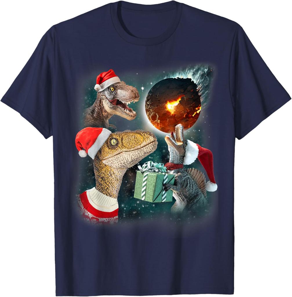 Funny Dinosaur Meteor Christmas Meme T-Shirt Three Rex Howling Graphic Cotton Tee