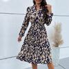 Women's Spring Pleated Print V Neck Long Sleeve Lace Up High Waist Dress