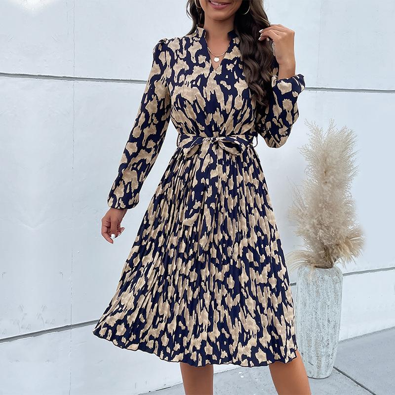 Women's Spring Pleated Print V Neck Long Sleeve Lace Up High Waist Dress