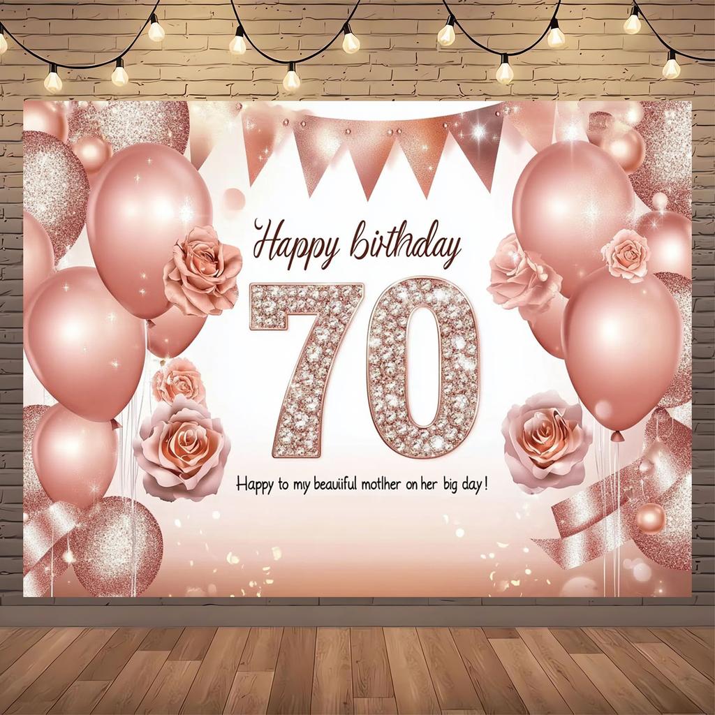 Elegant 70th Birthday Party Background - Pink and White Balloons, Sparkling Rose Design,