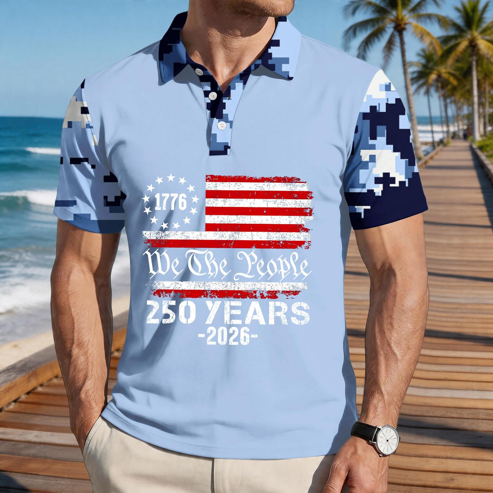 Men s Loose Fit Casual Polo Shirt Short Sleeve Printed Flag Graphic Button Collar Comfortable Summer Top L