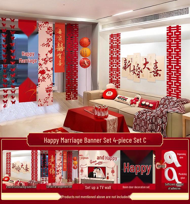 Double Happiness Wedding Room Cloth Banner Set for Ceremony and Hotel Décor