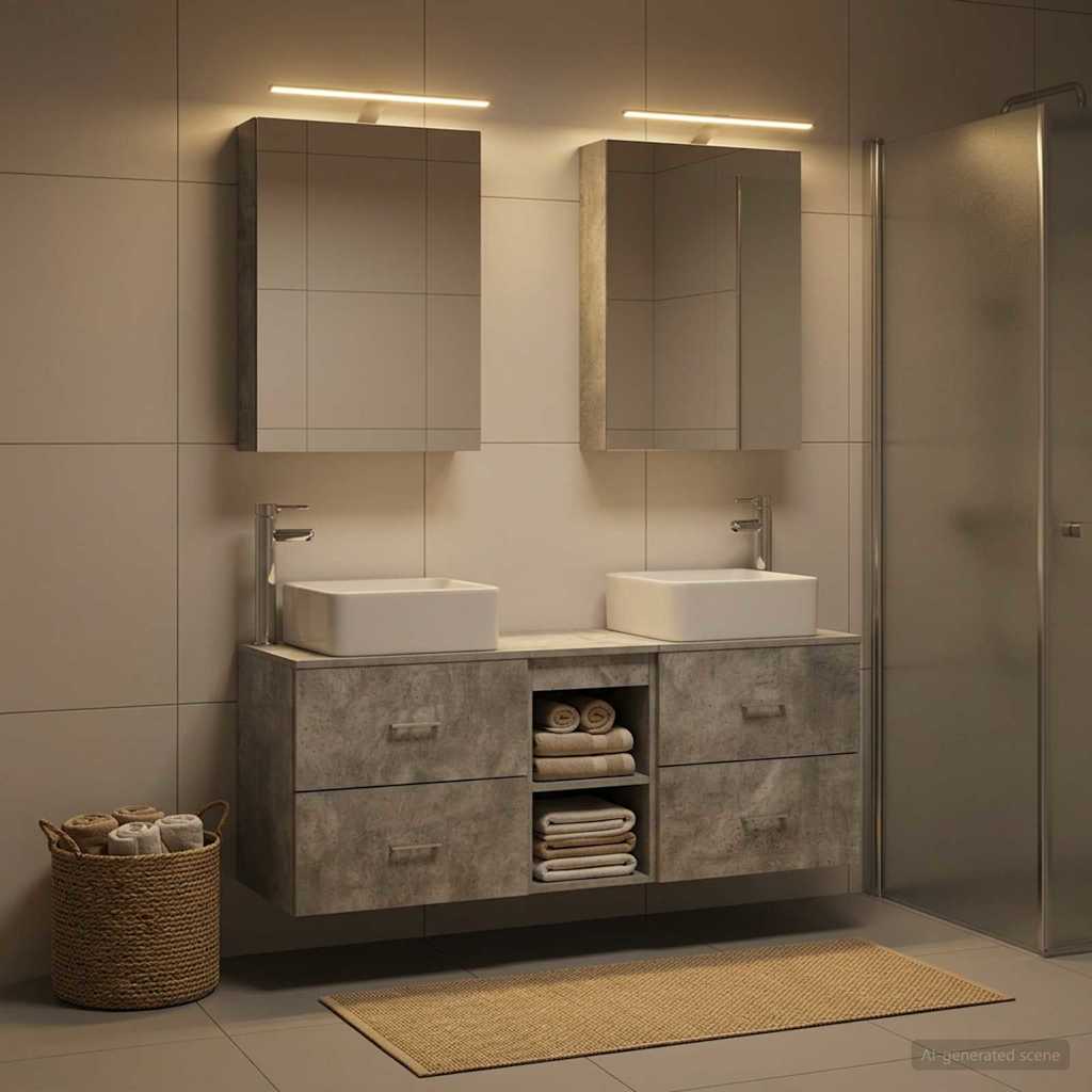 5 Piece Bathroom Furniture Set Concrete Grey Engineered Wood and Glass