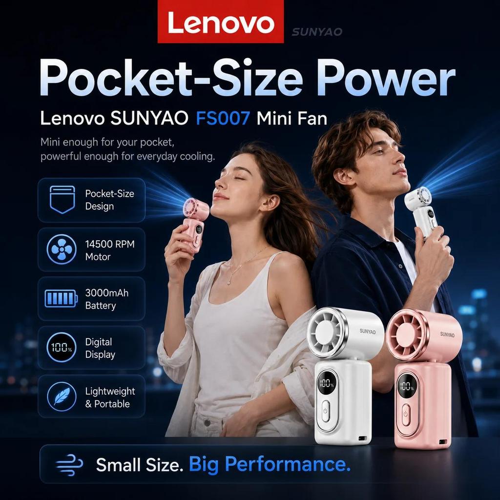 Lenovo FS007 Portable Mini Fan 3000mAh Rechargeable Handheld Cooling Fan with Digital Display Travel Camping Outdoor Pocket Fan