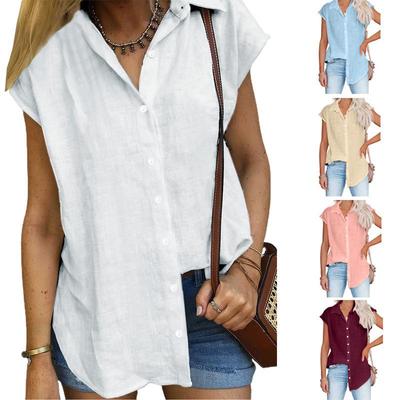 Women Short Sleeve Solid Cotton Linen Blouse Spring Summer Oversize Button Up Shirts Plus Size Loose Lapel Long Tops