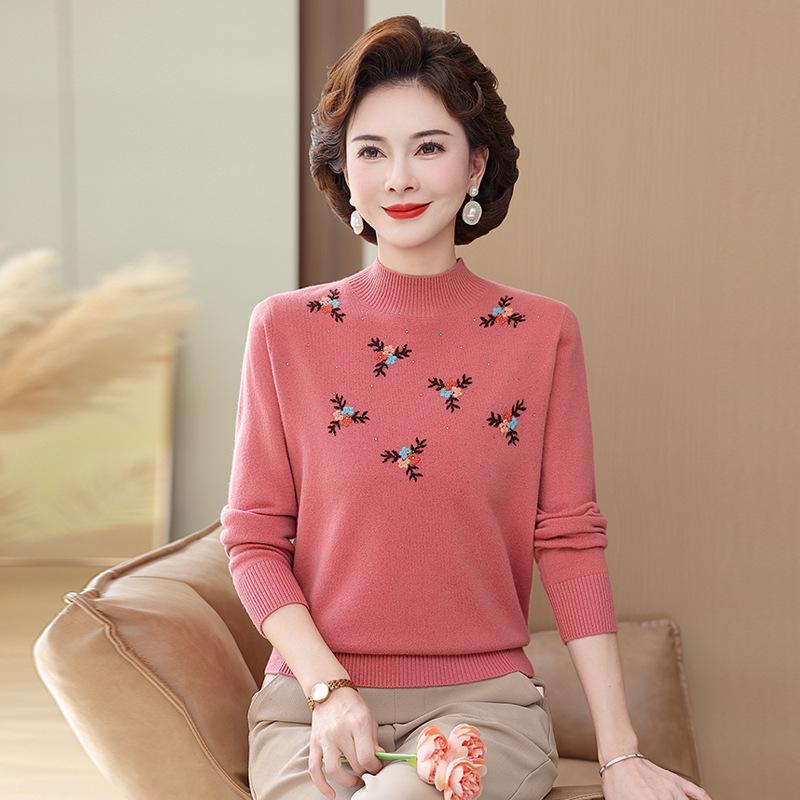 Embroidered High-Neck Pure Wool Sweater for Autumn/Winter - Elegant Base Layer for Middle-Aged & Elderly