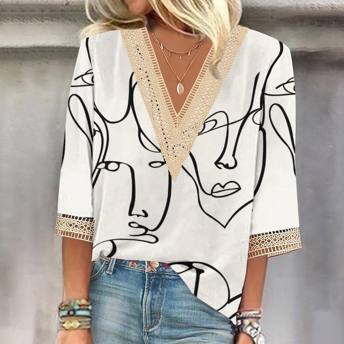 

Осень 2023, новая мода, женский повседневный топ с v-образным вырезом и рукавом 3/4 с принтом, большие размеры