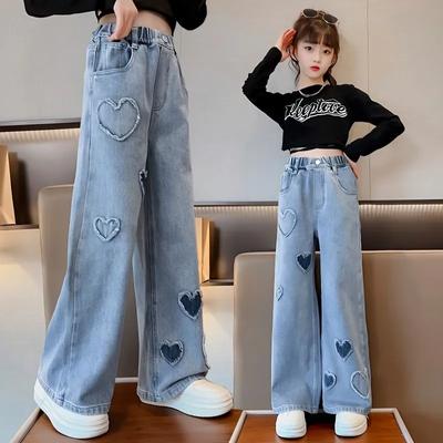 Fashion Teenager Girls Denim Wide Leg Pants Children Trousers Spring Autumn Love Pattern Girls Jeans 5-14 Years Kids Clothes
